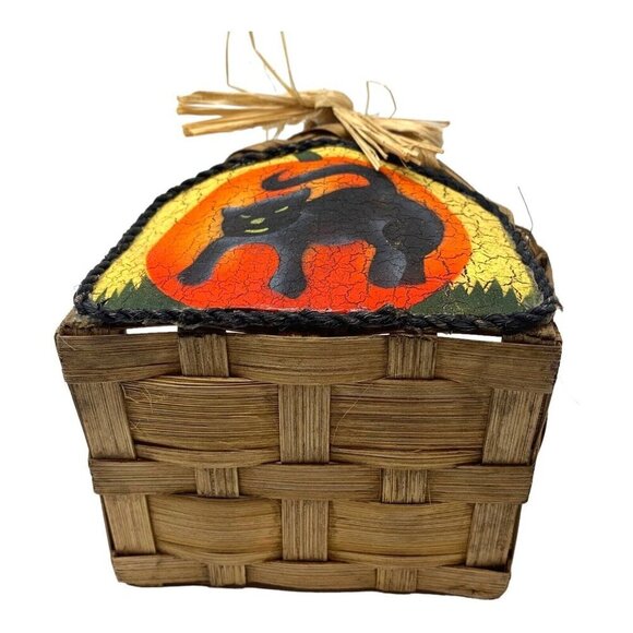 Halloween Vintage Woven Basket Black Cat Pumpkin Design Rustic Bow Handcrafted - Picture 4 of 9